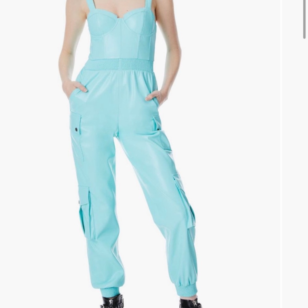 Alice + Olivia Blue Utility Jumpsuit with Sweetheart Neckline